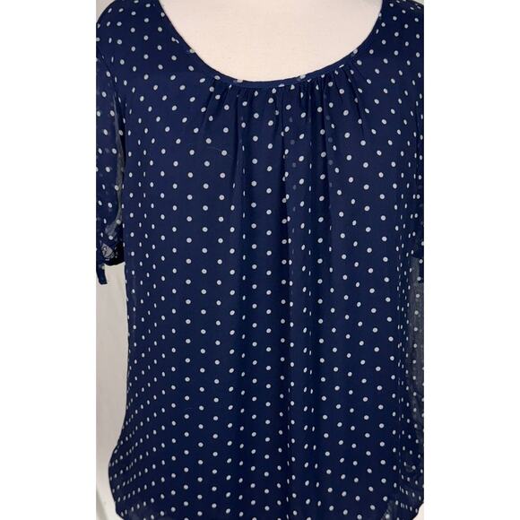 Tamara H. XL Navy Blue White Polka Dot Blouse Short Sleeve 100% Polyester - Picture 2 of 8